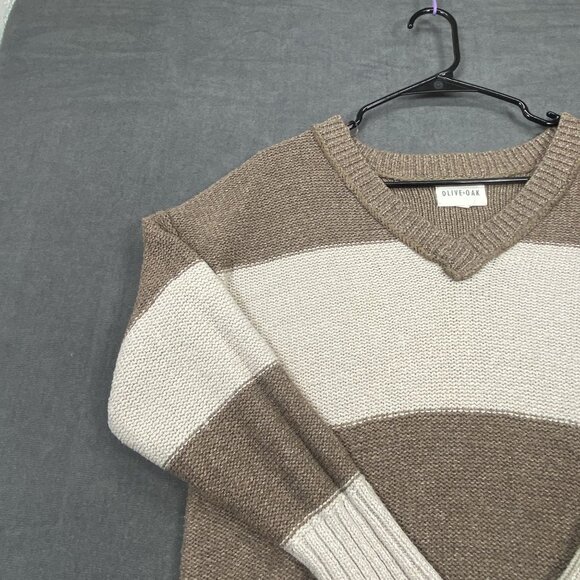 Olive+Oak Striped V-Neck Sweater Brown & Cream Polyester Ribbed Hem Womens M - Picture 7 of 10